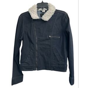 LEVI STRAUSS Dark Denim Faux Fur Collar Moto Jacket Zipper Pockets Womens Large